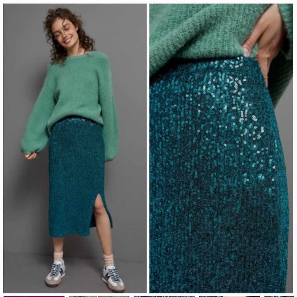 Maeve for Anthropologie Teal Sequin Midi Skirt
